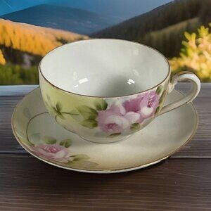 Nippon demitasse tea cup saucer cabbage rose pink w gold trim handpainted